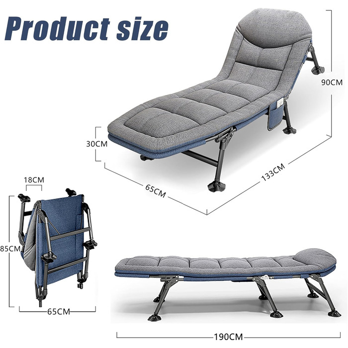 Розкладне ліжко-крісло для кемпінгу з матрацом, 6 положень спинки, ліжко для риболовлі, туристичне ліжко XXL, 65x190x30 см, односпальне, для гостей, сіре (2 шт.)