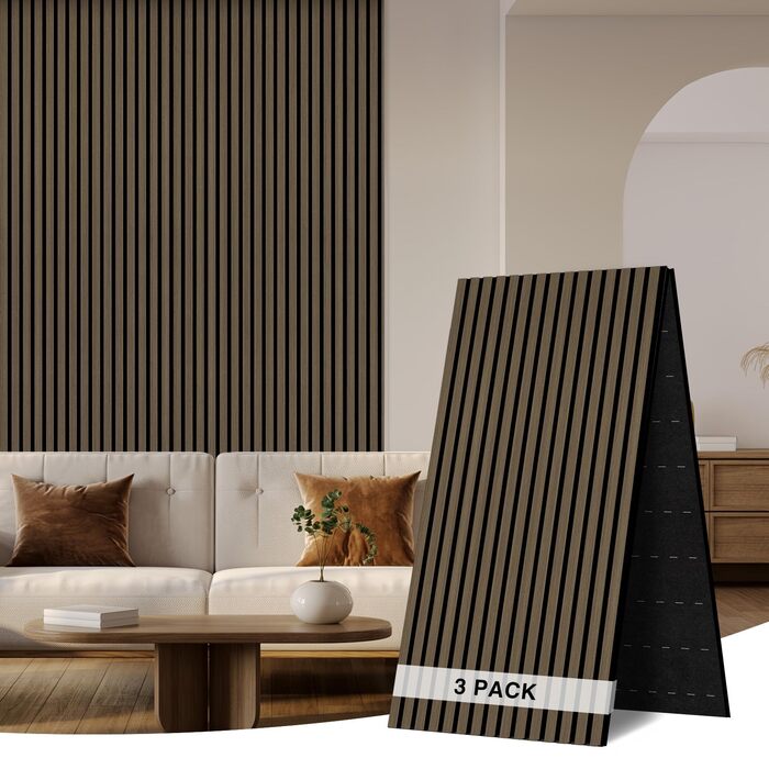 Акустична стінова панель з натурального шпону Темний дуб, 240x60x1.8 см, набір 3 шт. для дому, офісу та студії