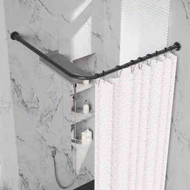 Кутова штанга для душу L-Form, регульована 68–96 см × 68–96 см, нержавіюча сталь, водонепроникна та стійка до іржі, 90 градусів, з 12 кільцями, комплект гвинтів (104-132x104-132 см, Чорний)