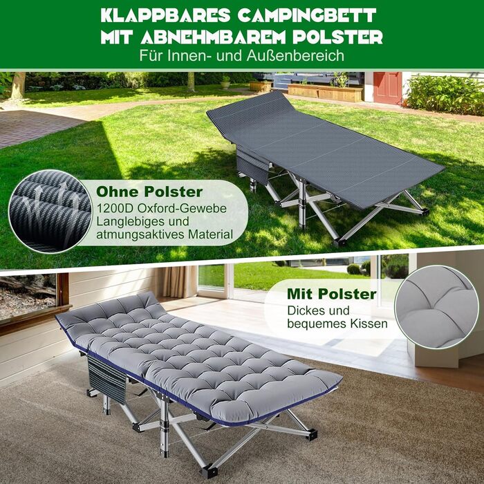 Розкладне ліжко ZIKEBTUY для кемпінгу та відпочинку: міцне, з матрацом, 200 кг, 190x71x36 см