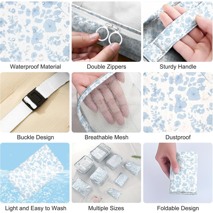 Органайзер для валізи, набір 10 шт. Packing Cubes для подорожей, аксесуари для валізи, органайзери для одягу, косметичка, набір для подорожей (Блакитний квітка)