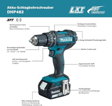Ударний дриль-шуруповерт Makita DHP482RFX9 18V, 3.0 Ah, 2 акумулятори + зарядний пристрій в алюмінієвому кейсі, Petrol, комплект з 96 аксесуарів