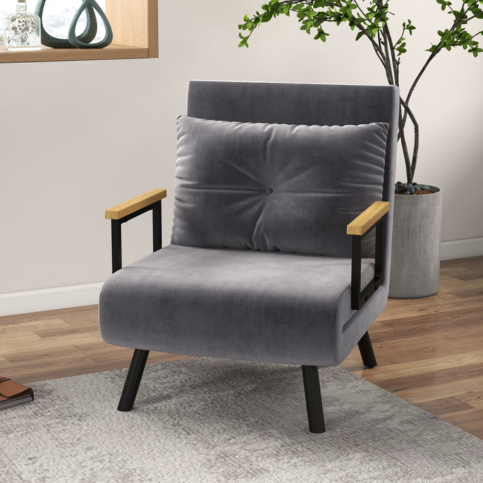 HOMCOM Sleeper Chair Single Sofa with Bed Function, Recliner with Adjustable Backrest, Velvet Look, Dark Grey | Aosom