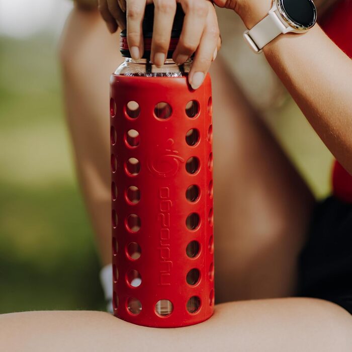 Пляшка для води Hydro2Go Glas Urban Red 2.0 950 мл з силіконовим чохлом та соломинкою, BPA-free, герметична, для посудомийної машини