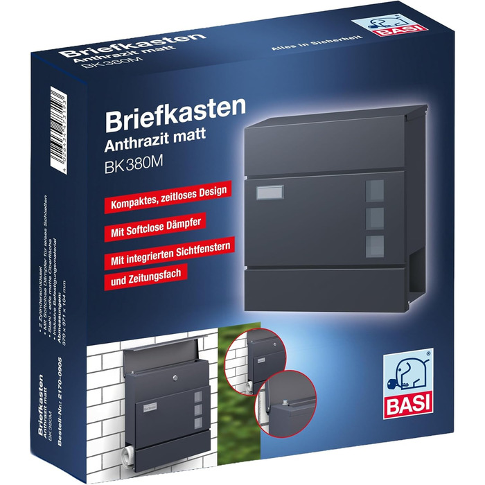 Поштова скринька BASI з м'яким закриттям, оглядовим вікном та табличкою для імені, DIN A4, з 2 ключами, вбудованим відділенням для газет, антрацит, настінна (H37x37x10.4 см)