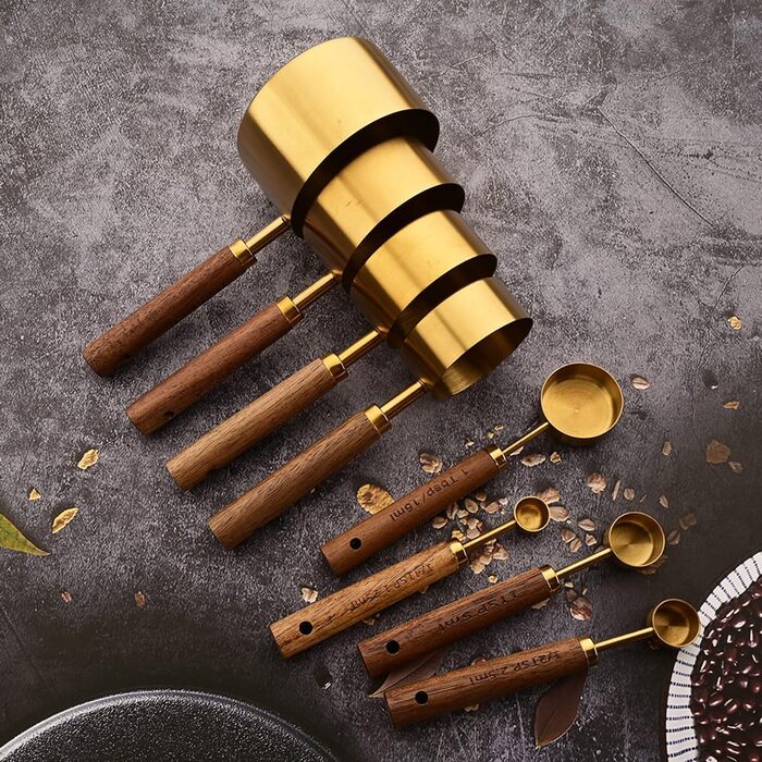 8-Piece Gold Measuring Cup and Spoon Set with Scale, BRIIEC Wooden Handle, Stainless Steel, Dry and Liquid Measuring Cups for Cooking, Baking