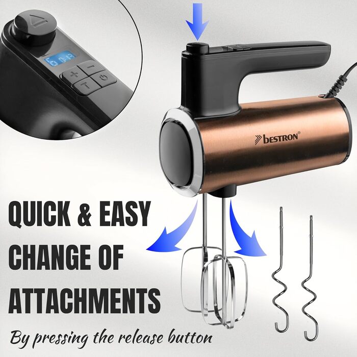 Міксер ручний Bestron Power з 6 рівнями потужності, Turbo-функцією та LCD-дисплеєм. В комплекті: 2 вінчики та 2 гаки для тіста. Легкий (1 кг), колір: мідний
