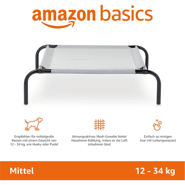Amazon Basics Elevated Dog Pet Bed, Grey, Size 130 x W 80 x H 19 cm (M)