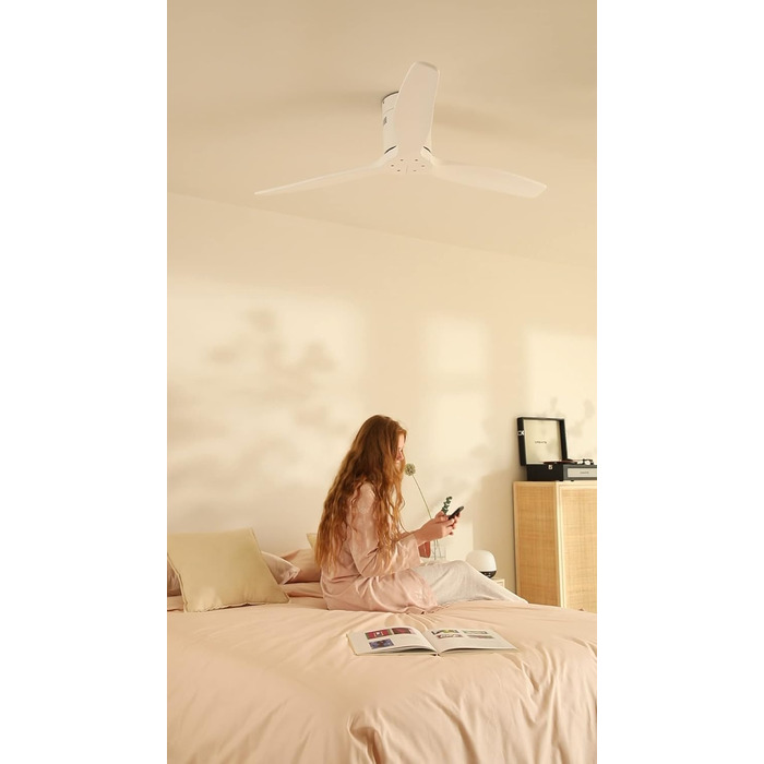 Вентилятор стельовий WINDCALM M з ABS корпусом, темне дерево (оптика), Wi-Fi, пульт, 40W, Ø132cm, 6 швидкостей, таймер, DC-двигун, літо/зима, без освітлення, білий