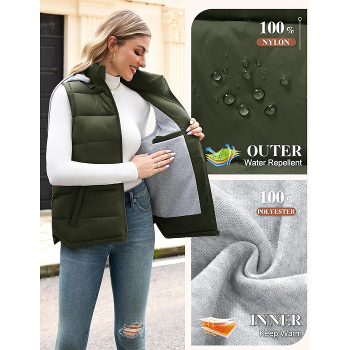 Степова жилетка Vancavoo з капюшоном: тепла, зручна, для осені та зими (армійний зелений, розмір L)