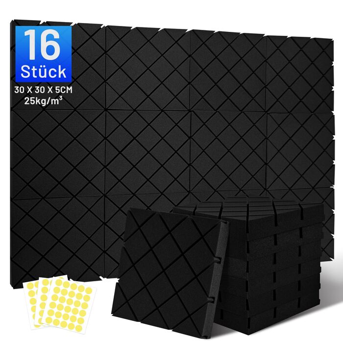 Акустичний поролон для шумоізоляції, звукопоглинаючі панелі 7.5 x 30 x 30 см, самоклеючі шумоізоляційні плити (24 шт) + 150 двосторонніх клеячих подушок