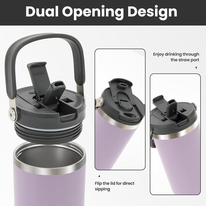 Термокружка Riley Joy 2.0 з нержавіючої сталі 1л з трубочкою та ручкою - для кави з собою, миється в посудомийній машині, не протікає, 1200 мл, фіолетовий