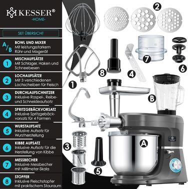 Кухонна машина KESSER 3 в 1 KM 3000 з м'ясорубкою, планетарний міксер, 5,5л чаша, набір насадок для пасти та випічки (Антрацит)