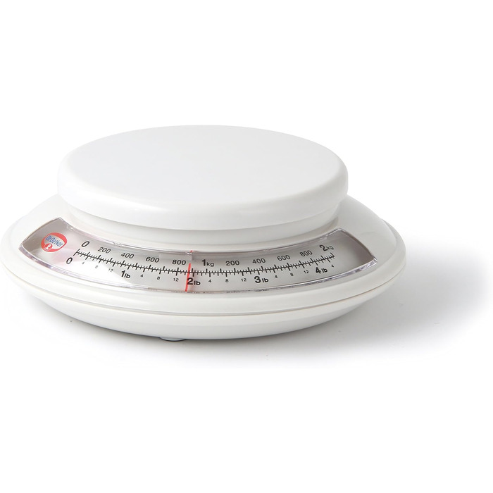 Dr. Oetker 1531 Baking Scale Ø 17 cm, analog kitchen scale (color: white) & measuring and mixing jug 2.2 L, measuring jug with different measuring scales (color: Red/Transparent), quantity: 1 piece