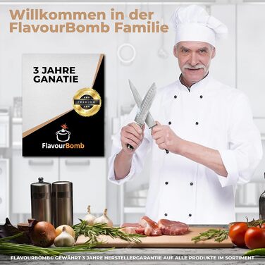 Нож Сантоку з дамаської сталі FlavourBomb | 18 см | Кухонний ніж для професіоналів | Дамаська сталь, ручка Micarta + безкоштовна електронна книга