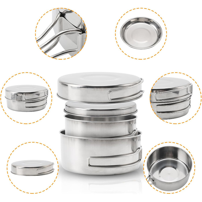 Набір кухонного посуду для кемпінгу, 8 предметів: каструля та сковорода з нержавіючої сталі, тарілки та чашки для відпочинку на природі, походів та рюкзакових подорожей. Легкий набір для приготування їжі в рюкзаку