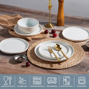 Набір посуду HaWare на 6 осіб, 18 предметів: тарілки, десертні тарілки, миски, бежевий колір. Підходить для мікрохвильової печі та посудомийної машини.