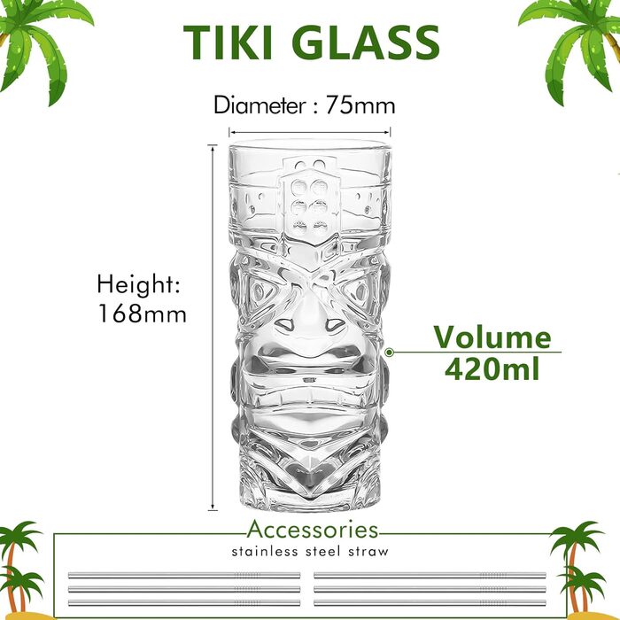 Набір склянок Tiki, 170-400 мл, прозорі, для екзотичних коктейлів, Mai Tai, гавайських коктейлів, тропічної тематики