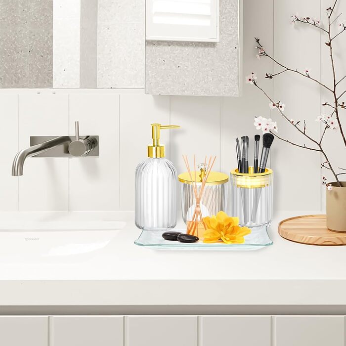 Haturi Bathroom Accessory Set, 4-Piece, Glass Bathroom Accessory Set, Complete with Lotion Soap Dispenser, Toothbrush Holder, Apothecary Jar, Vanity Tray, Bathroom Decor, Gift for (Transparent)