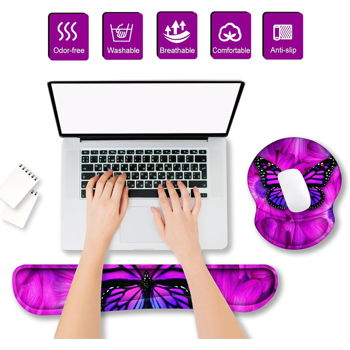 Підкладка під мишу та клавіатуру ergonomic ARTSO з підтримкою зап'ястя, Memory Foam, фіолетовий метелик