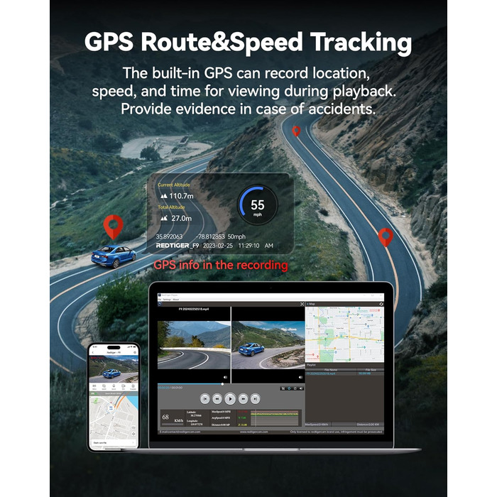 Відеореєстратор REDTIGER F9: 4K/1080P, WiFi, GPS, 32GB карта, запис по колу, нічне бачення, паркувальний режим, керування через додаток, підтримка до 256GB