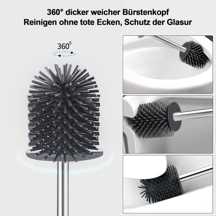 Силіконова щітка для унітазу Glowbal з контейнером, швидковисихаюча, для ванної кімнати, настінний монтаж/стоячий дизайн, білий/сірий (чорний/сірий)