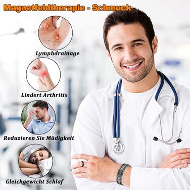 Браслет для лімфодренажу з магнітами для чоловіків, титан, регульований, з інструментом для зняття та подарунковою коробкою (Чорний) (3 ряди сірого кольору)