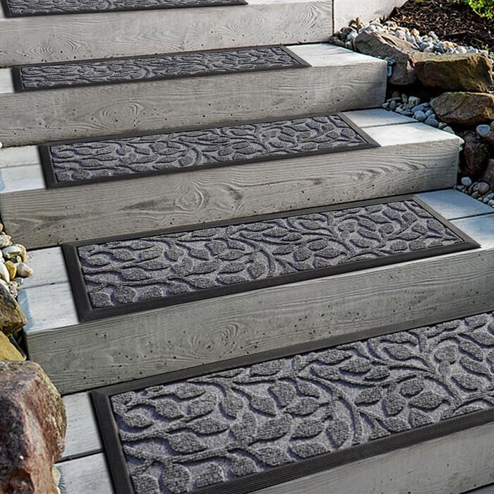 Гумові килимки для сходів Aucuda, 6 шт., 76x22 см, зовнішні, антиковзкі, водостійкі, сірі (листя)