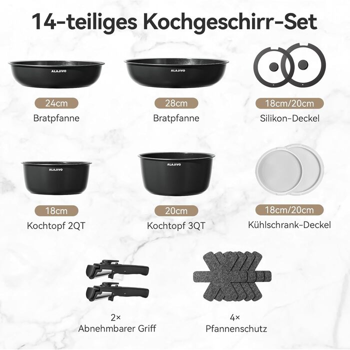 Набір каструль з керамічним покриттям 14 предметів, антипригарне покриття, індукційне дно, 24/28 см сковороди, для всіх типів плит, сумісний з духовкою