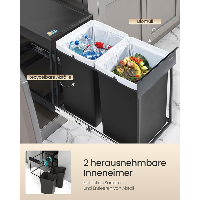 SONGMICS Відро для сміття кухонне, сортувальник сміття для під шафки, 2 відділення, висувний, сталевий каркас, ABS-кришка, LTB950B01 (чорний, 2 x 20 л)