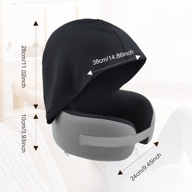 Подушка для шиї у літак з капюшоном, Memory Foam, сіра. Подушка для подорожей, авто, дорослих. З навушниками.