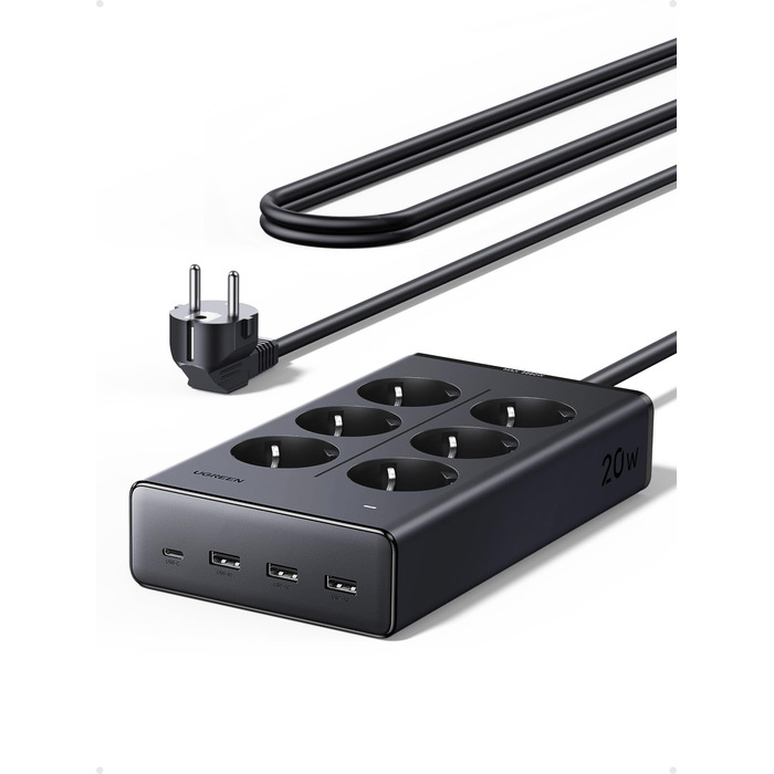Мережевий фільтр UGREEN 10-в-1 з USB, подовжувач з 20W швидкою зарядкою USB-C, захист від перенапруги, 3680 Вт, кабель 1.5 м, для офісу та дому