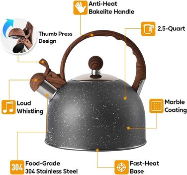 Чайник VONIKI з нержавіючої сталі 2,5 л з свистком для плити, з дерев'яною ручкою, сірий, для приготування чаю та як подарунок