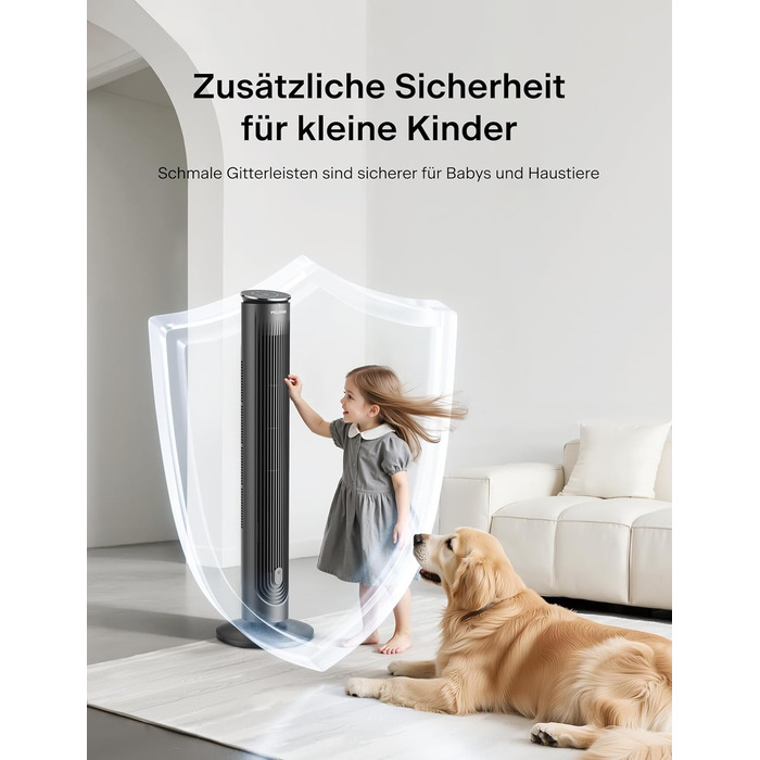 Турбовентилятор Pelonis Leiser - чорний, 106 см, 4.2 м/с, з пультом ДУ, 9-годинний таймер, 4 режими, 5 швидкостей, SMART-режим, LED-дисплей для спальні/офісу