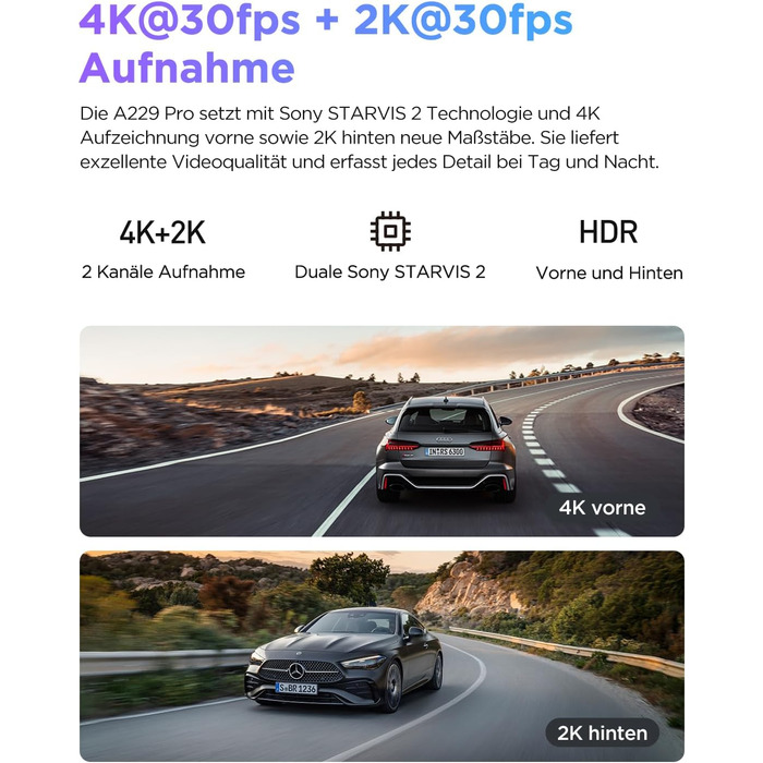 VIOFO A229 Pro 4K + 2K Dual STARVIS відеореєстратор для авто, HDR, GPS, Wi-Fi, голосове керування, нічне бачення 2.0, підтримка до 512GB