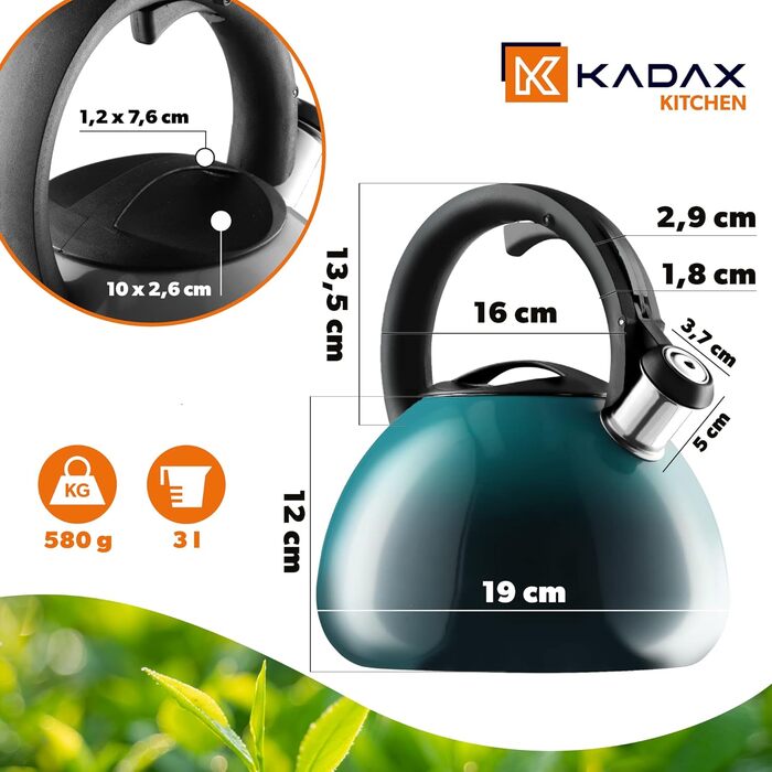 Чайник KADAX з нержавіючої сталі, 3л, з свистком, ретро-дизайн, блакитний