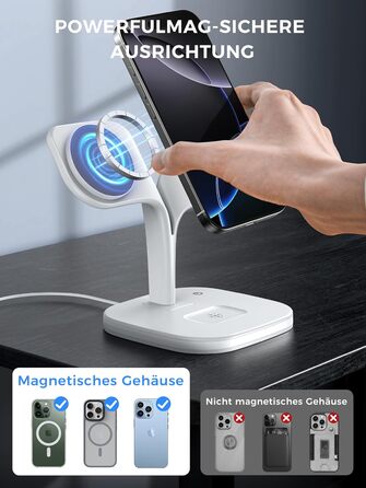 Зарядна станція 3-в-1 для Apple Watch та iPhone з MagSafe, білий колір. Підходить для iPhone 17, 16, 15, 14, 13, 12 Series, Apple Watch 11, 10, 9, 8, 7, 6, 5, 4, 3, 2, SE, Ultra, AirPods Pro/4/3/2. Потужність: 20W.