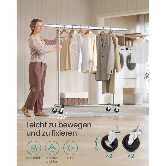 SONGMICS Clothes Rack on Wheels, Heavy-Duty Garment Rack, Extendable Clothes Rod, Load Capacity up to 100 kg, Easy Assembly, Portable, Silver HSR13S