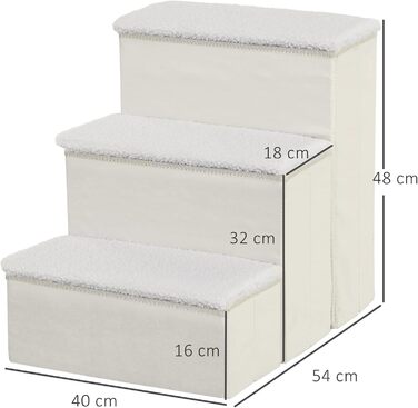 PawHut Pet Stairs Cat Stairs Dog Stairs Folding 3 Steps Pet Stairs with Storage for Cats and Dogs MDF White 40 x 54 x 48 cm