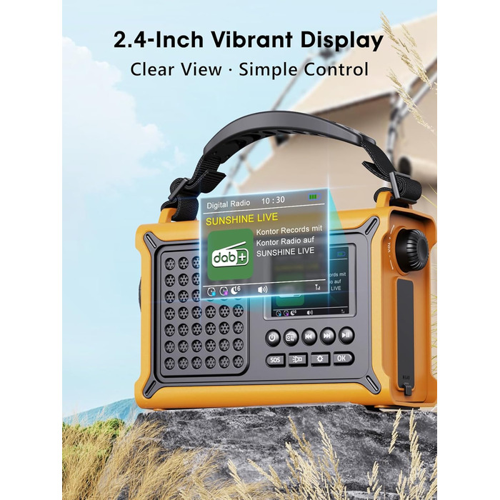 ROCAM Радіоприймач на ручку DAB+/UKW, портативне аварійне радіо з сонячною панеллю 8500 мм² та ручкою 650mA, цифрове радіо з Bluetooth, 2.4' кольоровий дисплей, 80 станцій, SOS, LED ліхтарик, USB, IPX6 для кемпінгу (Жовтий)