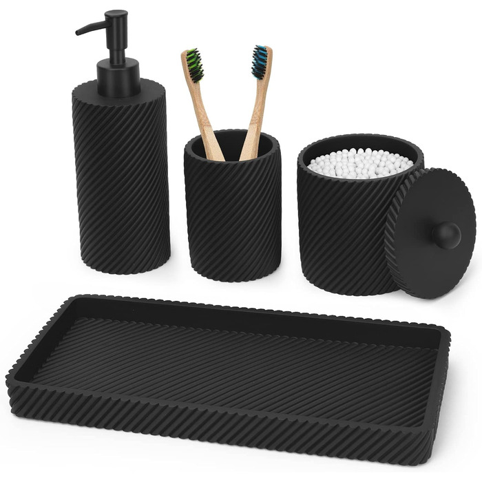 Bathroom Accessory Set, 4-Piece, Lotion/Soap Dispenser, Toothbrush Holder, Qtip Holder, Vanity Tray for Decoration, Bathroom, Countertop, Vanity Organizer, (Matte Black)