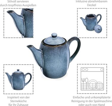 SÄNGER | Darwin 2-Piece Teakettle Set, Teapot with Lid, Drip Catcher Teapot Stoneware, Heat-Protected Pot, Keep-Warm Pot Handmade, Teapot for Loose Leaf Tea & Tea Bags Blue 1.3 L | PREMIUM COLLECTION