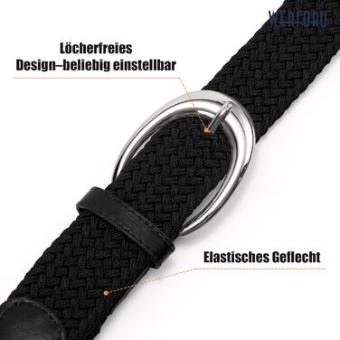 Жіночий/Чоловічий плетіний еластичний ремінь WERFORU для джинсів та штанів (110 см, чорний з срібляною пряжкою)