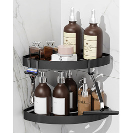 Дзеркальна поличка для душу кутова без свердління чорного кольору, 2 шт. з гачками для шампуню та мила, захист від іржі