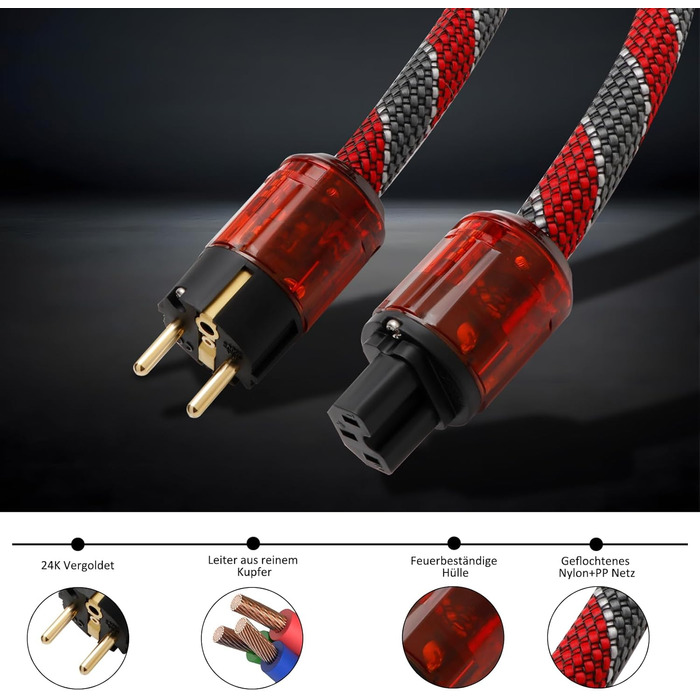 Audiофільний мережевий кабель Monosaudio P046 Hi-End (2м), мідний OFC, EU Schuko — IEC C15 для підсилювача, сабвуфера та DVD