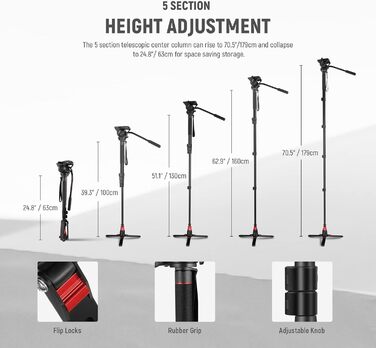 NEEWER 71.6' професійний монопод для камери з вуглецевого волокна, для DJI RS, Manfrotto, максимальне навантаження 6 кг, TP71 (GM76)