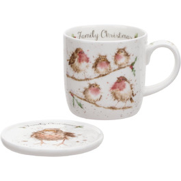 Чашка та підставка Royal Worcester Wrendale 'Family Christmas' з пташками, кольорова, подарунковий набір для сімейного Різдва