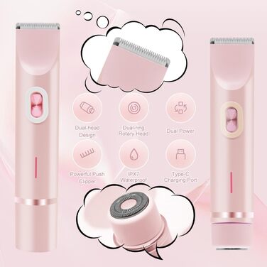 Електричний тример для бікіні з двома головками - для жінок та чоловіків. Інструмент для інтимної зони, для гладкої шкіри. Рожевий колір.
