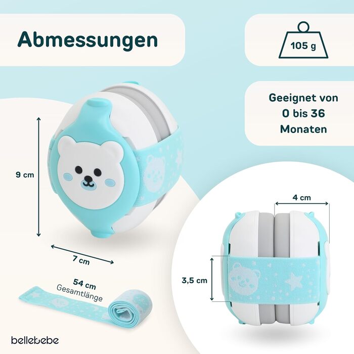 Захист вух для немовлят BELLEBEBE - 0-36 місяців, гіпоалергенний, BPA-free, сертифікований EN352-1, RoHS, CPC, регульоване наголов'я, сумка для перенесення (Азуль)