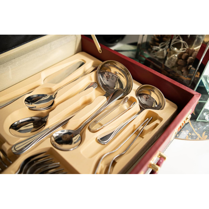 Набір столових приборів 72 предмети для 12 осіб з нержавіючої сталі 18/0 в кейсі - срібний столовий набір, придатний для миття в посудомийній машині - сучасні столові прибори, стійкі до корозії